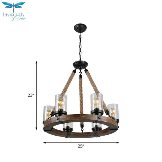 Beige Wheel Pendant Lighting Traditional Wood 1 Light Living Room Chandelier With Cylinder Shade