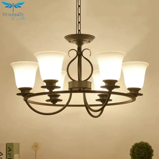 Bell Frosted Glass Chandelier Lighting Traditional 3/6/8 Lights Living Room Pendant In Black