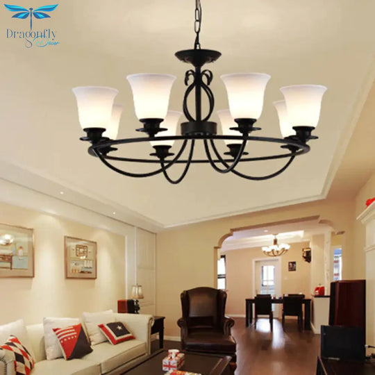 Bell Frosted Glass Chandelier Lighting Traditional 3/6/8 Lights Living Room Pendant In Black