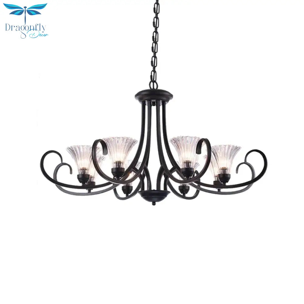 Bell Living Room Ceiling Chandelier Traditional Clear Ribbed Glass 4/6/8 Lights Black Hanging