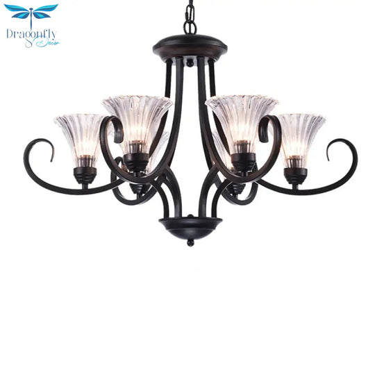 Bell Living Room Ceiling Chandelier Traditional Clear Ribbed Glass 4/6/8 Lights Black Hanging