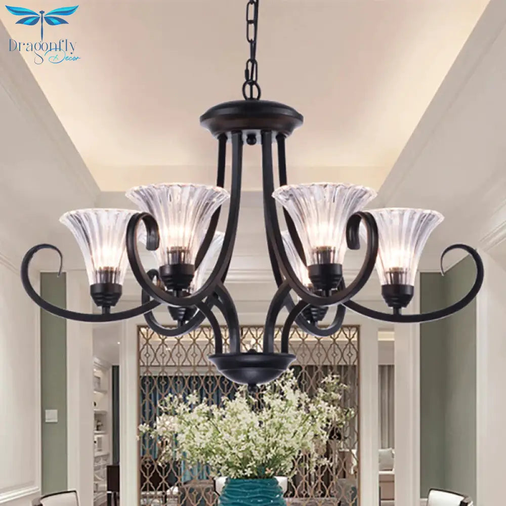 Bell Living Room Ceiling Chandelier Traditional Clear Ribbed Glass 4/6/8 Lights Black Hanging