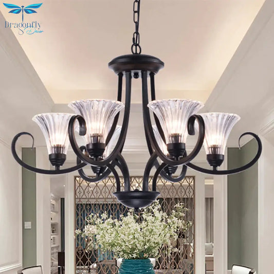 Bell Living Room Ceiling Chandelier Traditional Clear Ribbed Glass 4/6/8 Lights Black Hanging