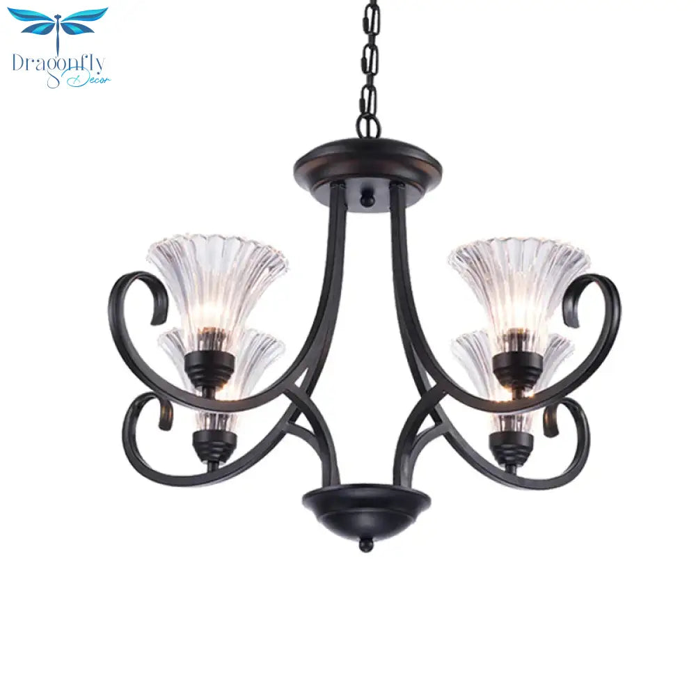 Bell Living Room Ceiling Chandelier Traditional Clear Ribbed Glass 4/6/8 Lights Black Hanging