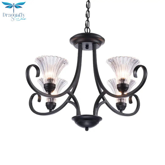Bell Living Room Ceiling Chandelier Traditional Clear Ribbed Glass 4/6/8 Lights Black Hanging