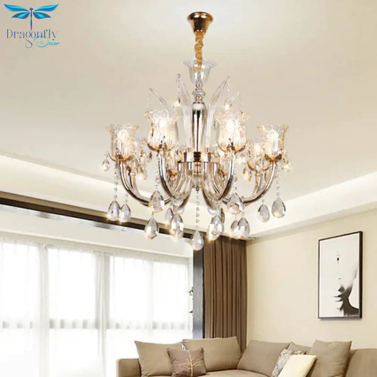 Bell Living Room Chandelier Lamp Traditional Crystal Drop 6/8 Lights Chrome Hanging Ceiling Light