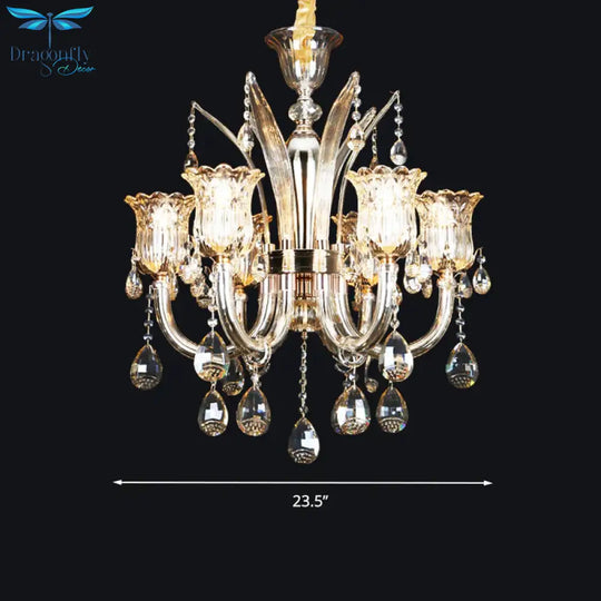 Bell Living Room Chandelier Lamp Traditional Crystal Drop 6/8 Lights Chrome Hanging Ceiling Light