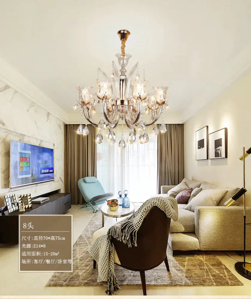Bell Living Room Chandelier Lamp Traditional Crystal Drop 6/8 Lights Chrome Hanging Ceiling Light 8