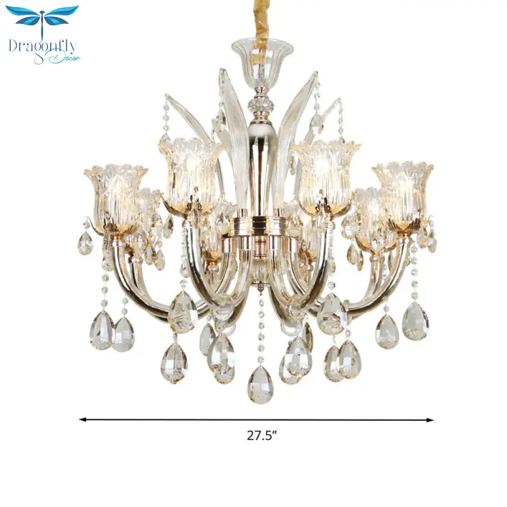 Bell Living Room Chandelier Lamp Traditional Crystal Drop 6/8 Lights Chrome Hanging Ceiling Light