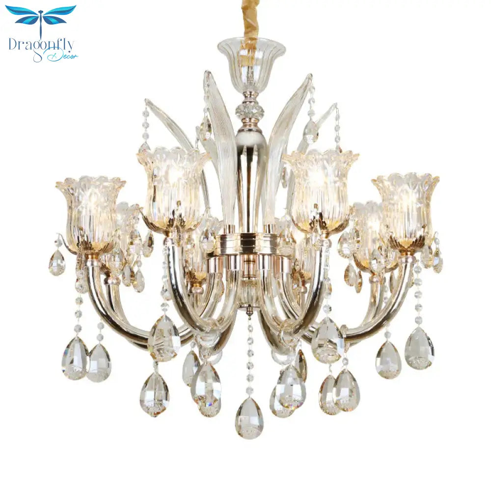 Bell Living Room Chandelier Lamp Traditional Crystal Drop 6/8 Lights Chrome Hanging Ceiling Light