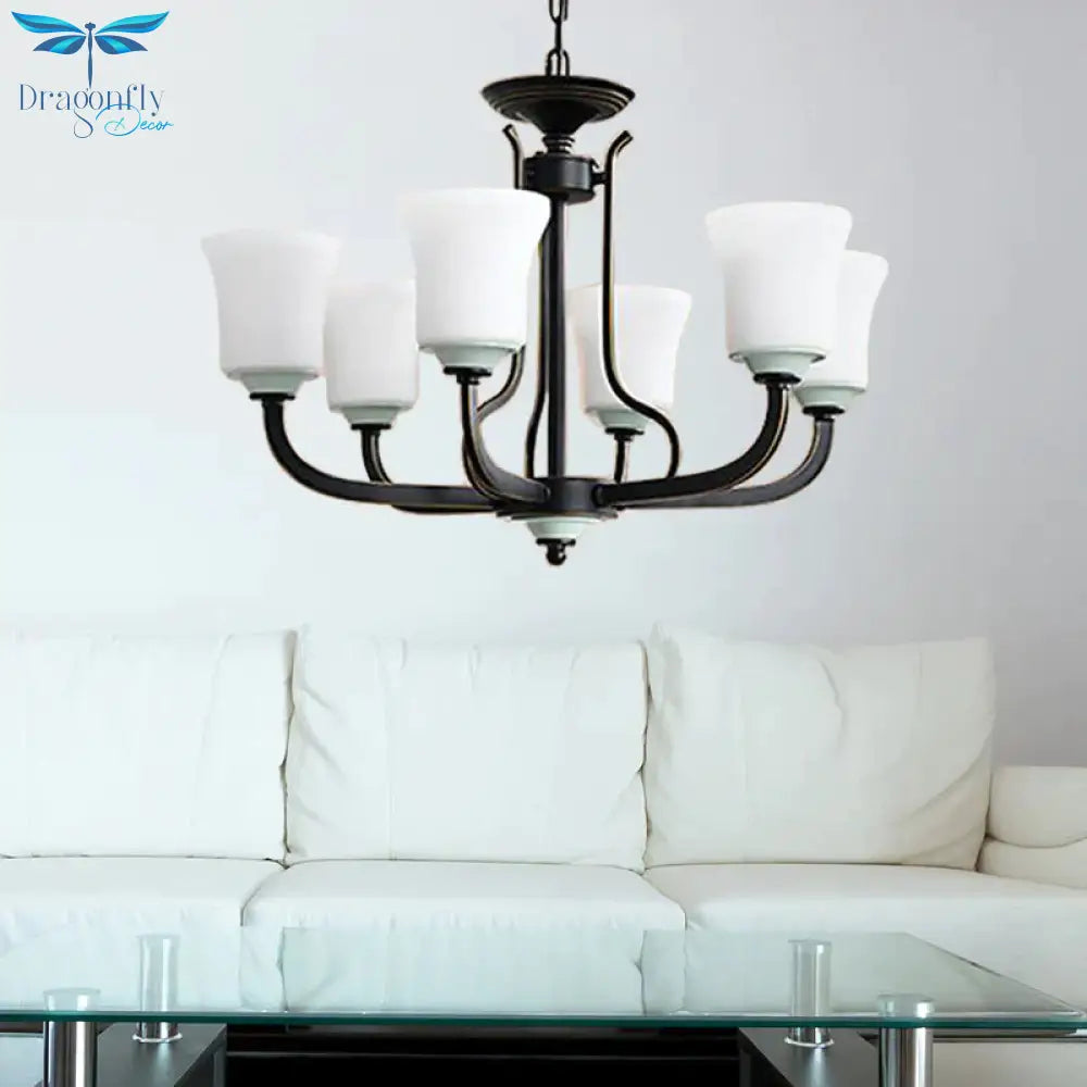 Bell Living Room Pendant Chandelier Traditional Opal Glass 3/6 Lights Black Hanging Fixture