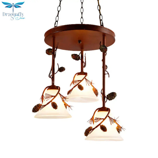 Bell Metal Chandelier Light Country 3 Lights Dining Room Pendant Lighting In Red Brown