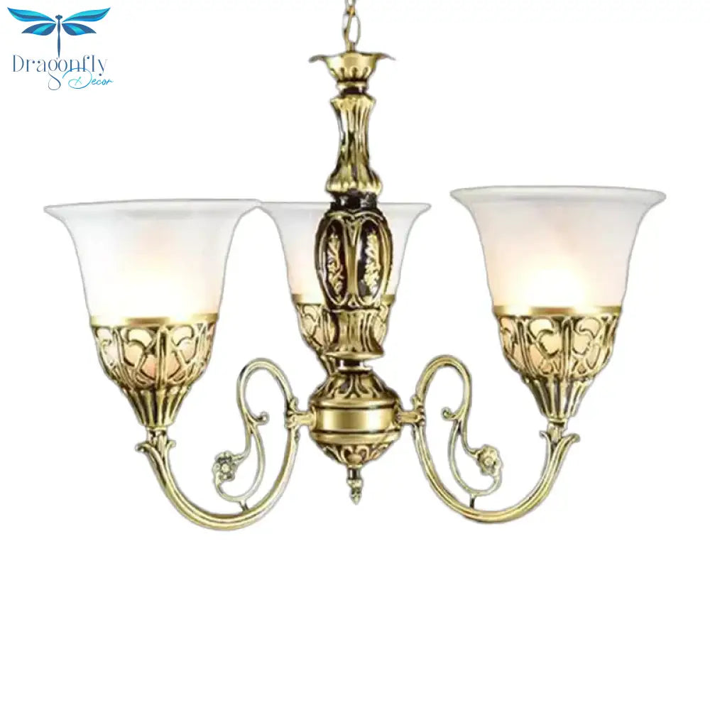 Bell Restaurant Chandelier Lamp Antique Opaline Glass 3 - Head Bronze Finish Pendant Light