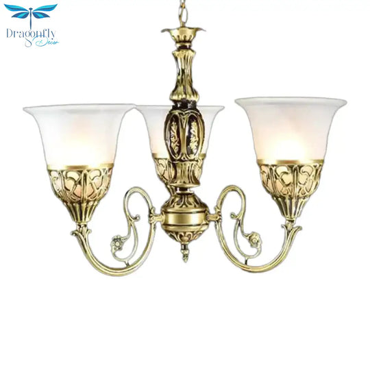 Bell Restaurant Chandelier Lamp Antique Opaline Glass 3 - Head Bronze Finish Pendant Light