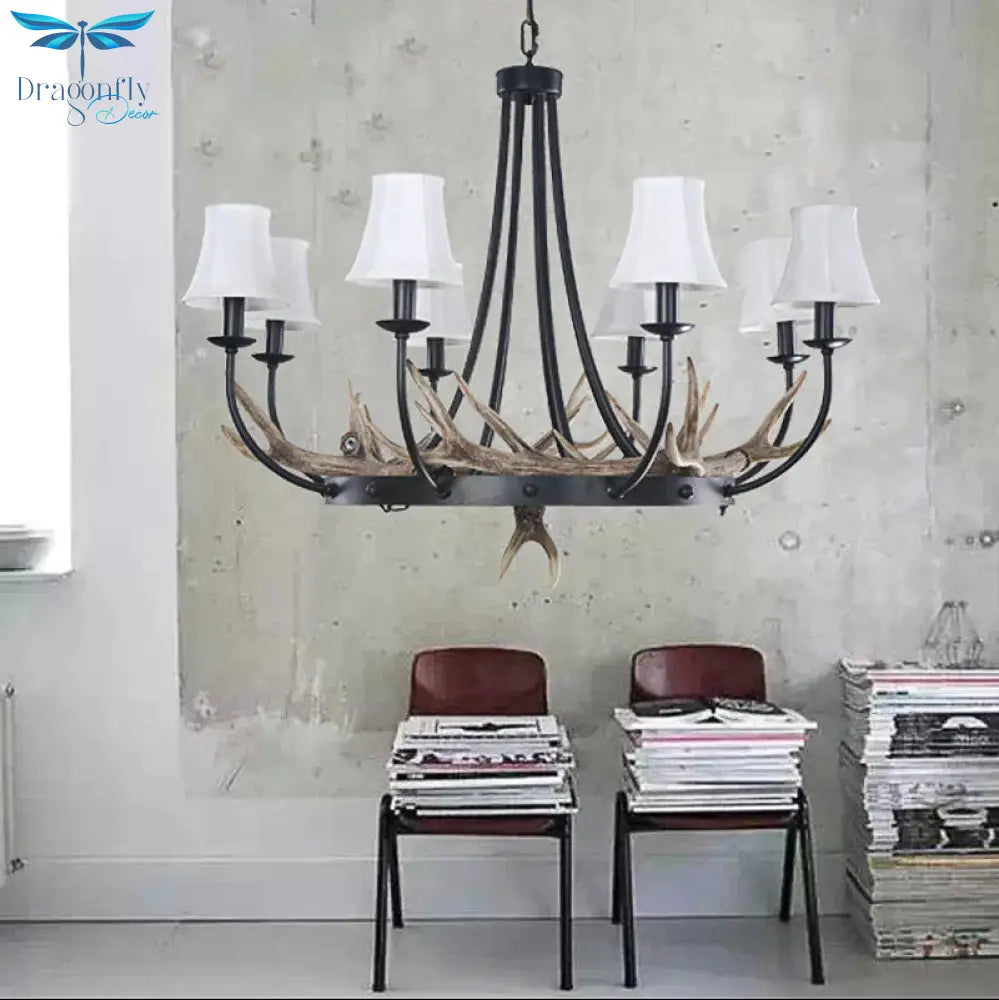 Bend Arm Metallic Hanging Chandelier Countryside 8 - Bulb Kitchen Suspension Lamp In Black With