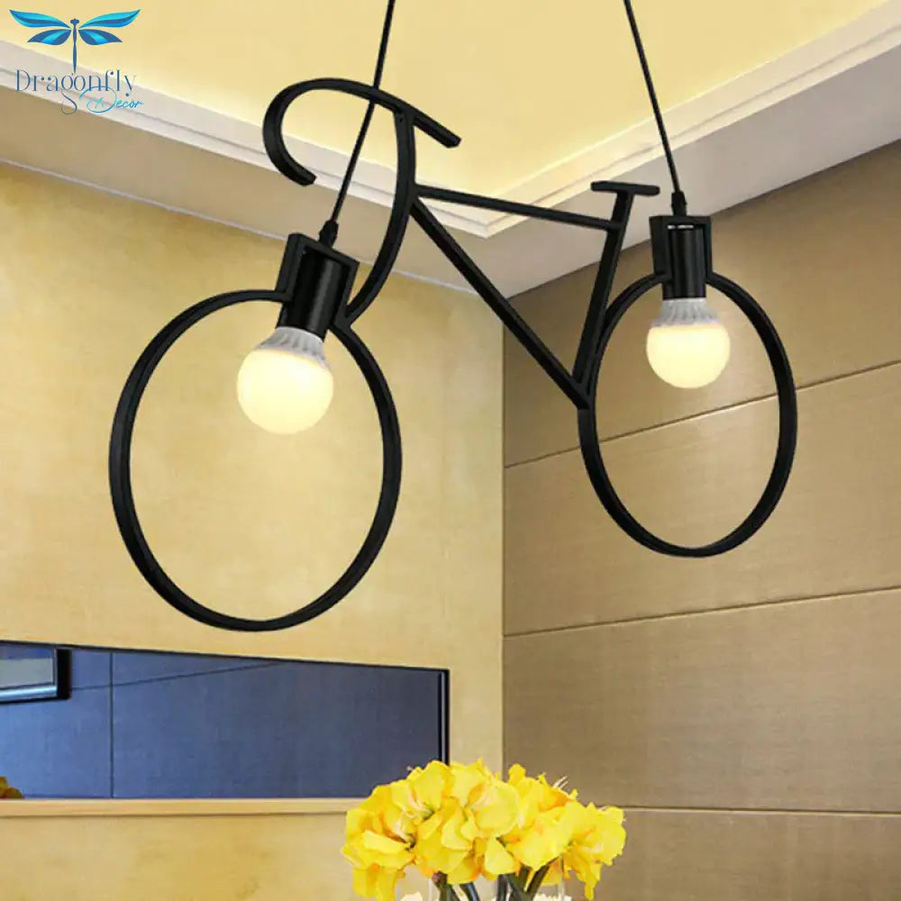 Bicycle Iron Chandelier Light Antique 2 Heads Restaurant Pendant Fixture In Black