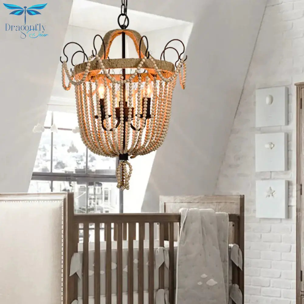 Bird Cage Pendant Chandelier Traditional Wood 3 Bulbs Light Tan Hanging Lamp For Living Room