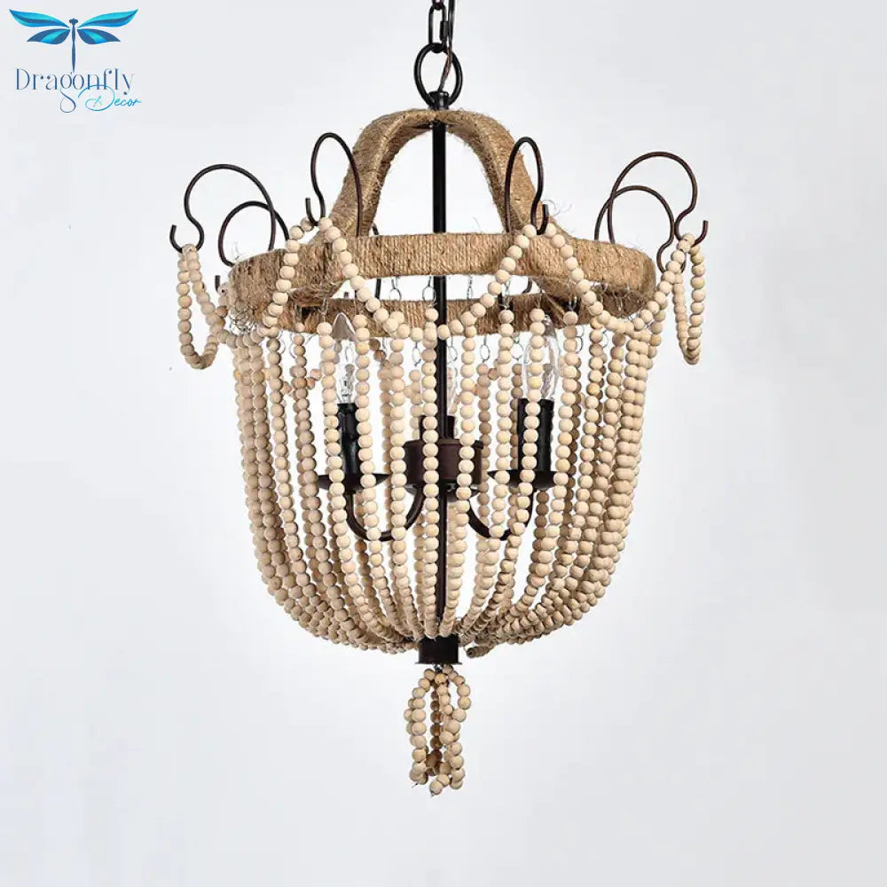 Bird Cage Pendant Chandelier Traditional Wood 3 Bulbs Light Tan Hanging Lamp For Living Room