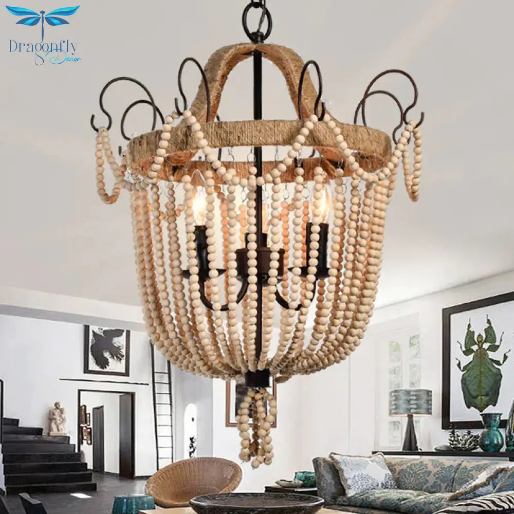 Bird Cage Pendant Chandelier Traditional Wood 3 Bulbs Light Tan Hanging Lamp For Living Room