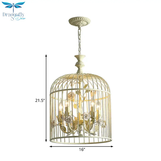 Birdcage Metal Hanging Light Fixture Rustic 3/5 Lights Corridor Chandelier With White Flower