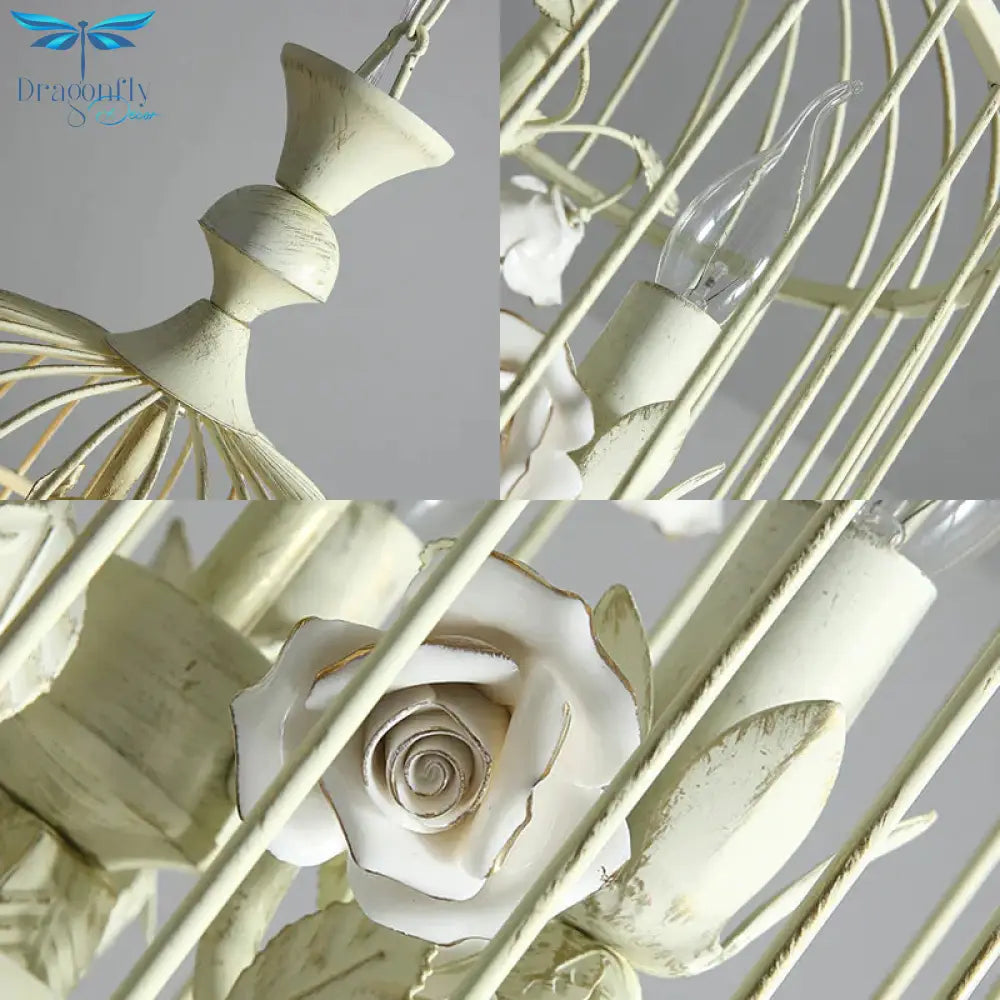 Birdcage Metal Hanging Light Fixture Rustic 3/5 Lights Corridor Chandelier With White Flower