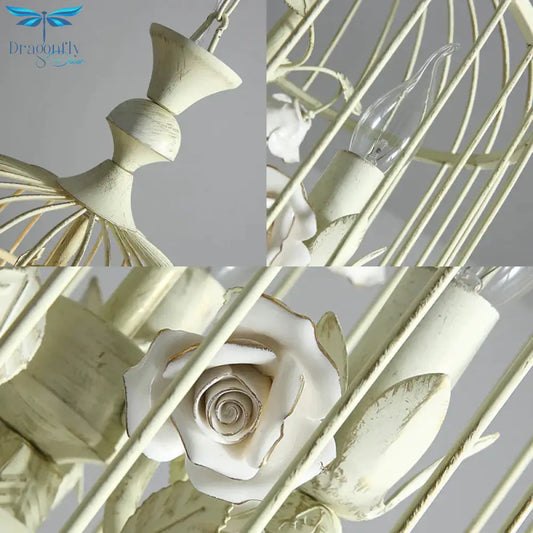 Birdcage Metal Hanging Light Fixture Rustic 3/5 Lights Corridor Chandelier With White Flower