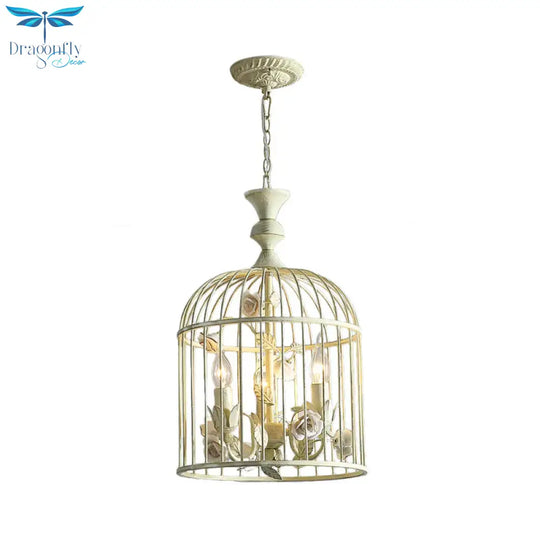 Birdcage Metal Hanging Light Fixture Rustic 3/5 Lights Corridor Chandelier With White Flower
