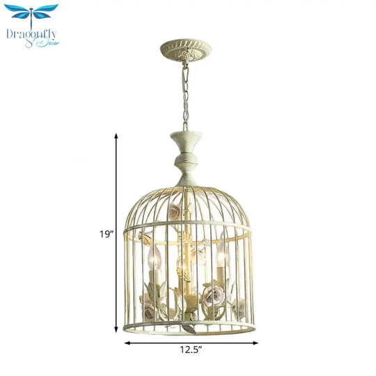 Birdcage Metal Hanging Light Fixture Rustic 3/5 Lights Corridor Chandelier With White Flower