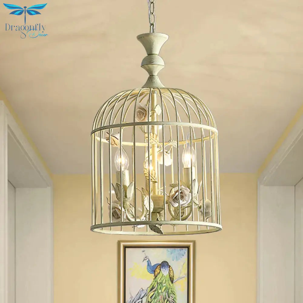 Birdcage Metal Hanging Light Fixture Rustic 3/5 Lights Corridor Chandelier With White Flower