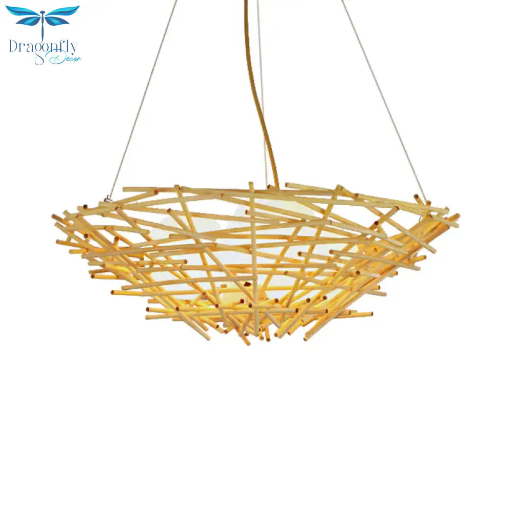Birdnest Suspension Pendant Contemporary Wood 1 Bulb Beige Hanging Light Kit 16.5’/24.5’ Wide