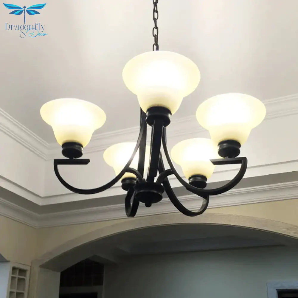 Black 3/5/6 Heads Chandelier Light Fixture Traditional White Glass Bell Pendant Lighting With Curvy