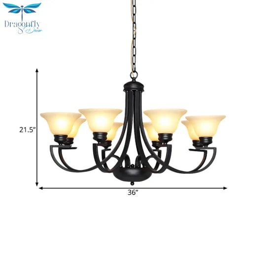 Black 3/5/6 Heads Chandelier Light Fixture Traditional White Glass Bell Pendant Lighting With Curvy