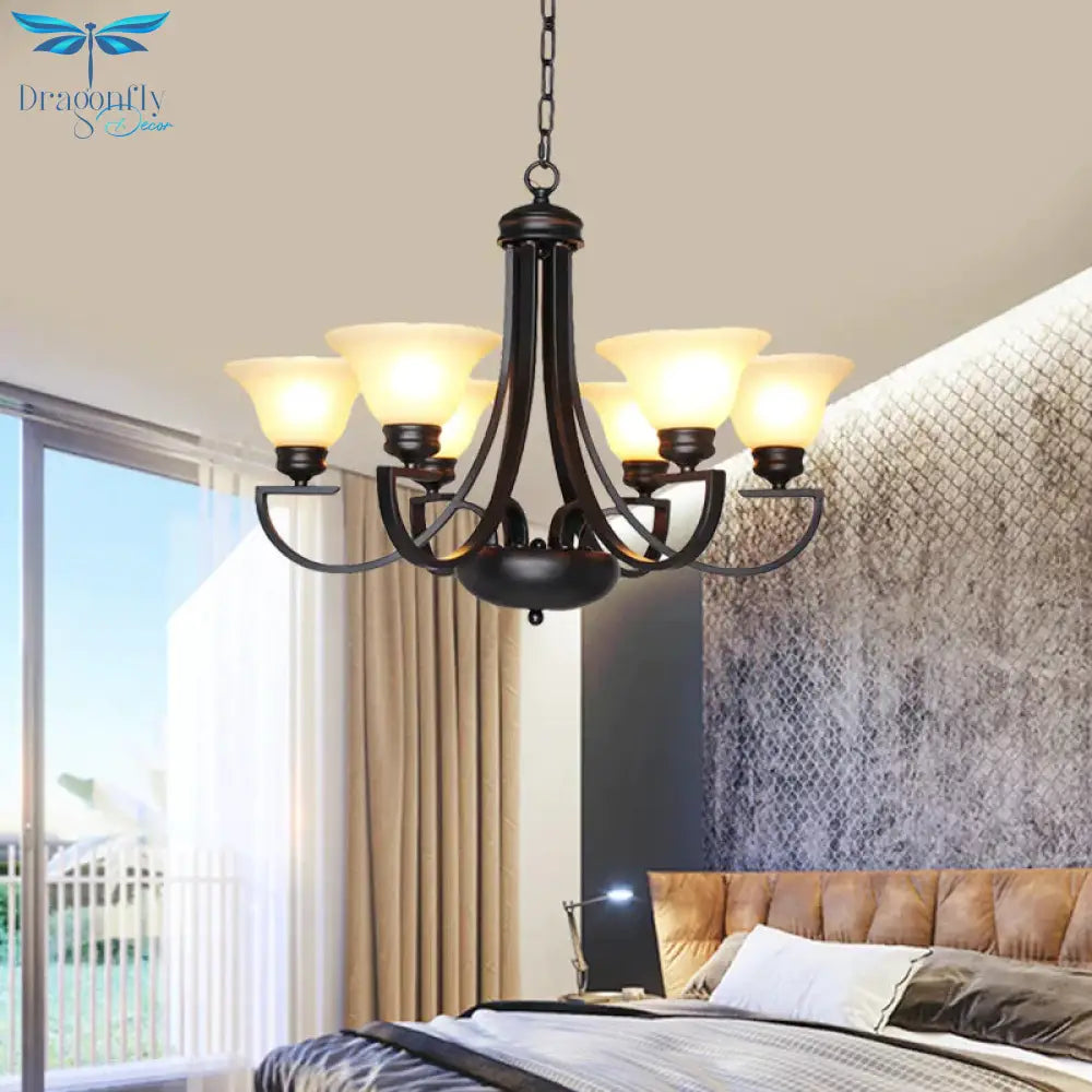 Black 3/5/6 Heads Chandelier Light Fixture Traditional White Glass Bell Pendant Lighting With Curvy