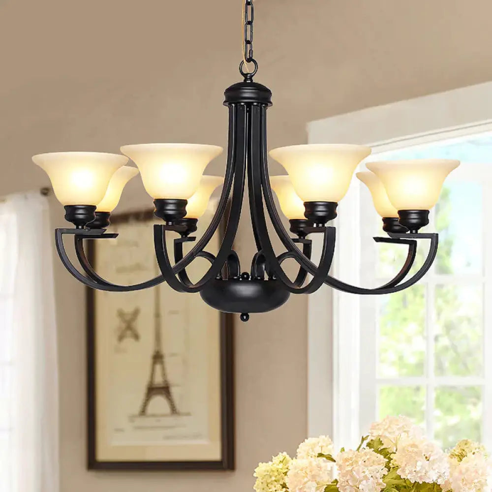 Black 3/5/6 Heads Chandelier Light Fixture Traditional White Glass Bell Pendant Lighting With Curvy