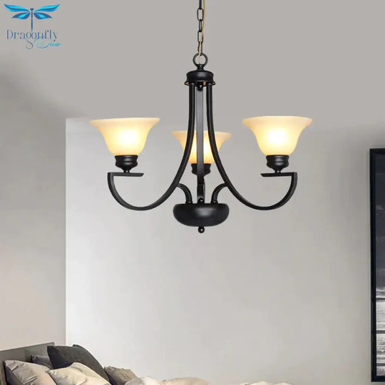 Black 3/5/6 Heads Chandelier Light Fixture Traditional White Glass Bell Pendant Lighting With Curvy