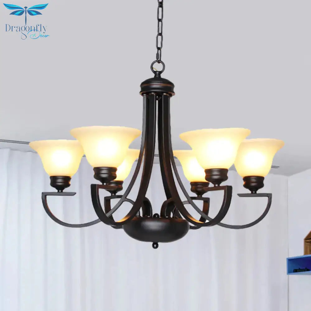 Black 3/5/6 Heads Chandelier Light Fixture Traditional White Glass Bell Pendant Lighting With Curvy