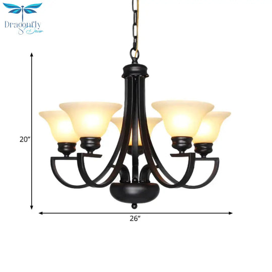Black 3/5/6 Heads Chandelier Light Fixture Traditional White Glass Bell Pendant Lighting With Curvy