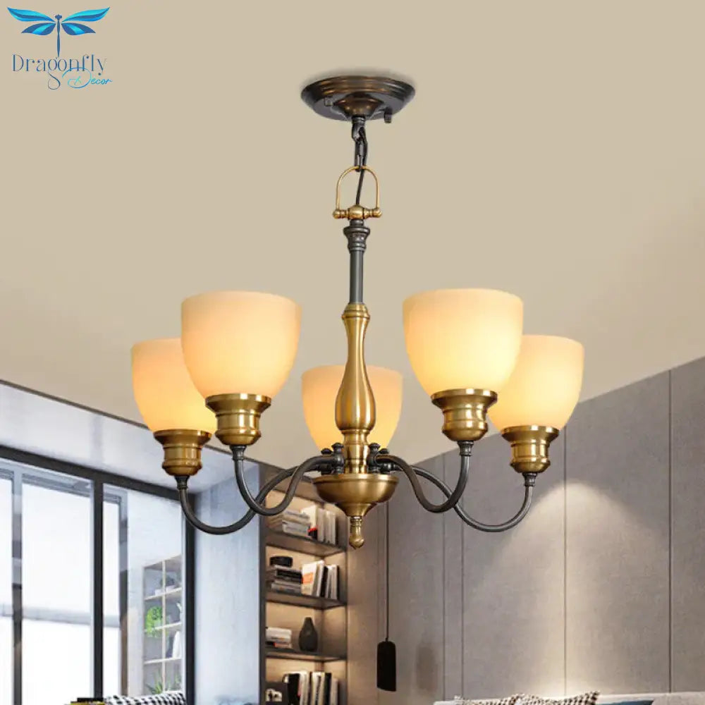 Black 3/5/8 Bulbs Hanging Lamp Rural Frosted Glass Bowl Chandelier Pendant Light With Metal Curved