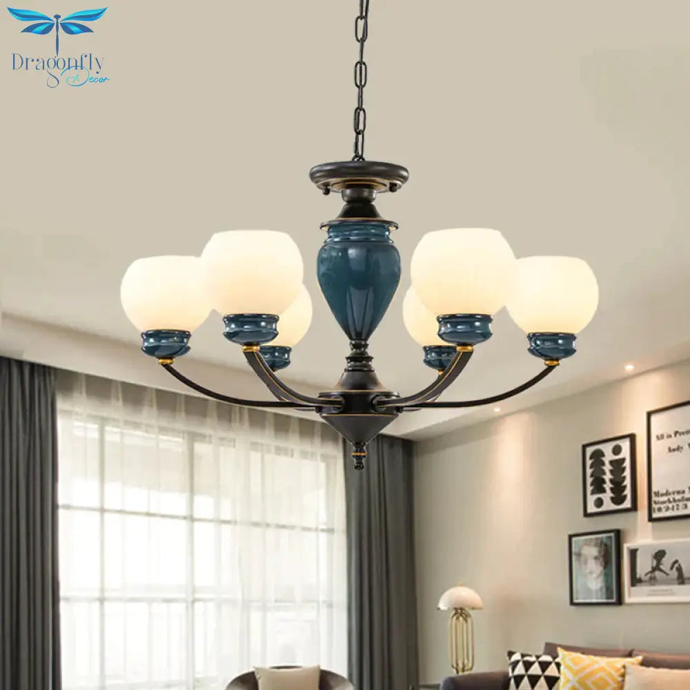 Black 3/6/8 Bulbs Chandelier Lighting Fixture Rural Milky Glass Spherical Hanging Pendant