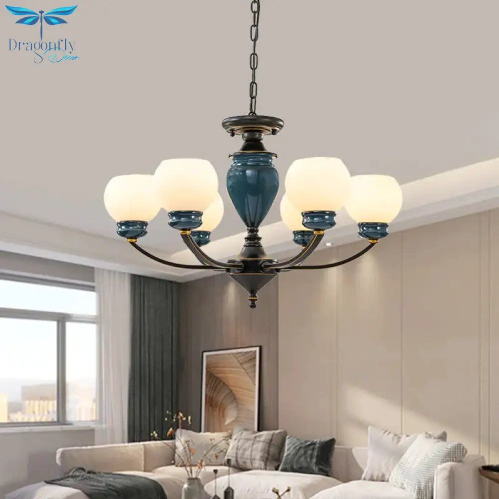 Black 3/6/8 Bulbs Chandelier Lighting Fixture Rural Milky Glass Spherical Hanging Pendant