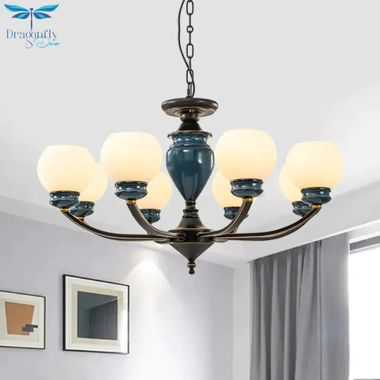 Black 3/6/8 Bulbs Chandelier Lighting Fixture Rural Milky Glass Spherical Hanging Pendant