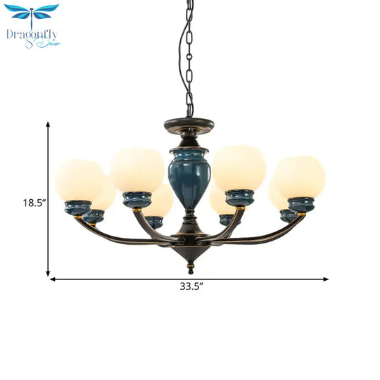 Black 3/6/8 Bulbs Chandelier Lighting Fixture Rural Milky Glass Spherical Hanging Pendant