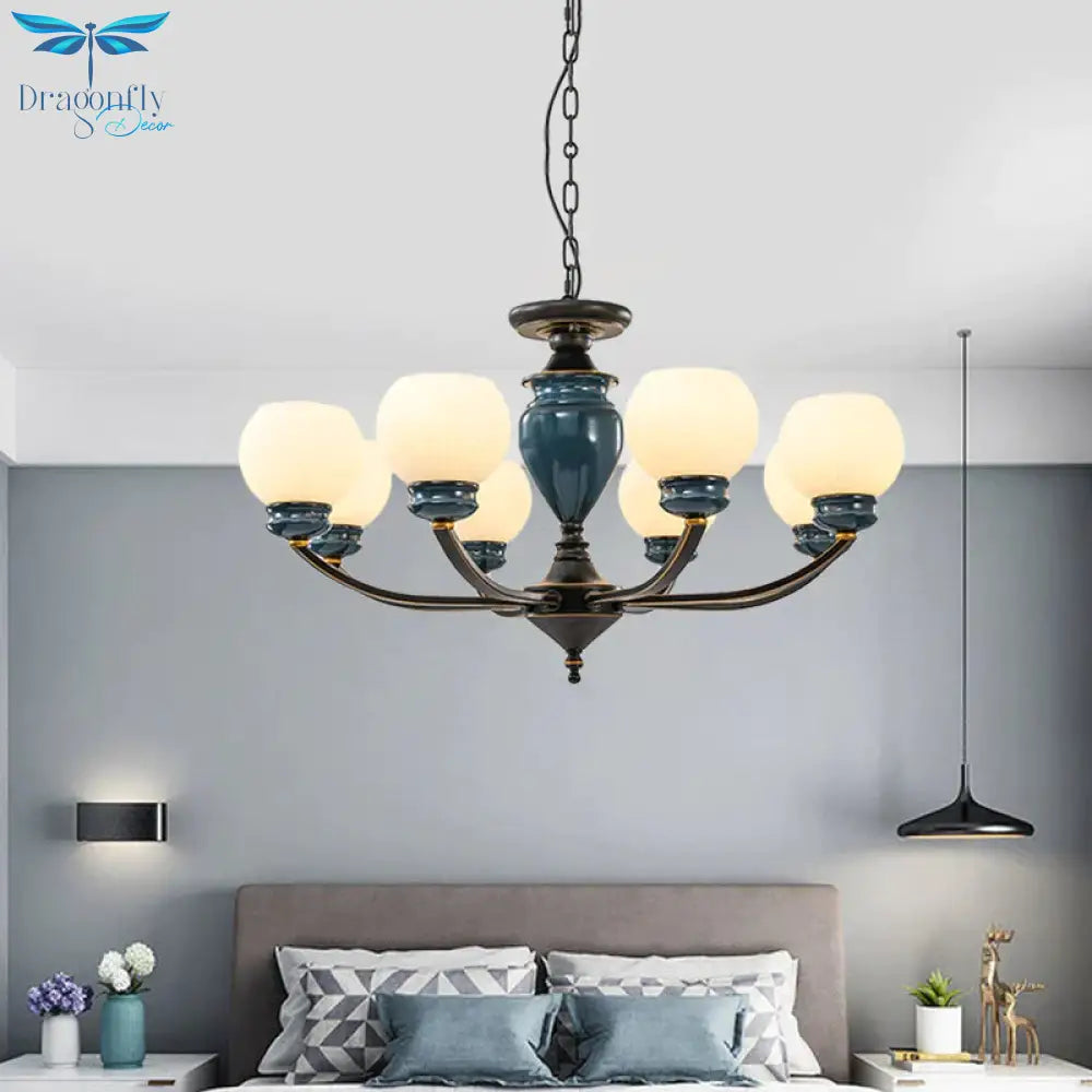Black 3/6/8 Bulbs Chandelier Lighting Fixture Rural Milky Glass Spherical Hanging Pendant