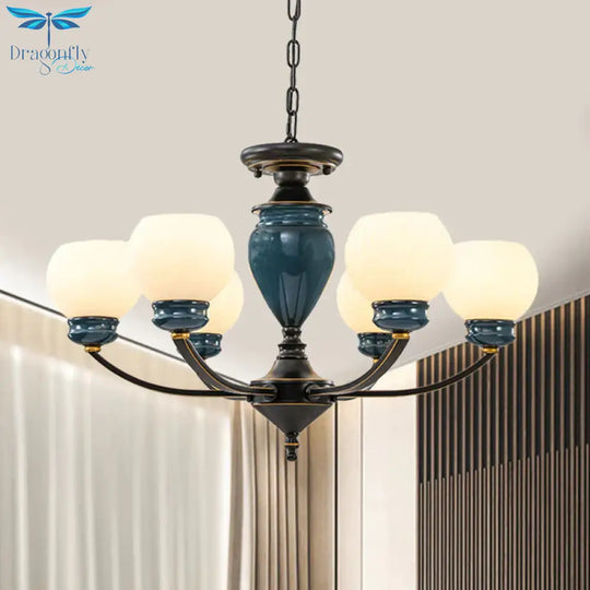 Black 3/6/8 Bulbs Chandelier Lighting Fixture Rural Milky Glass Spherical Hanging Pendant