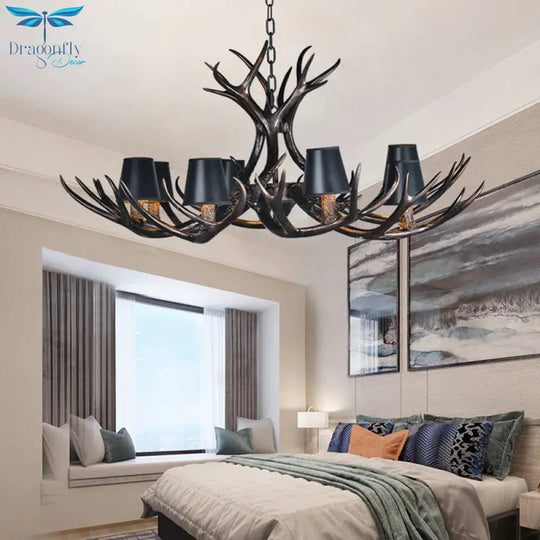 Black 3/6/8 Lights Chandelier Lighting Rustic Resin Conical Pendant Lamp With Faux Antler For