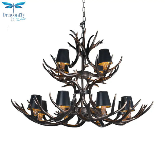 Black 3/6/8 Lights Chandelier Lighting Rustic Resin Conical Pendant Lamp With Faux Antler For