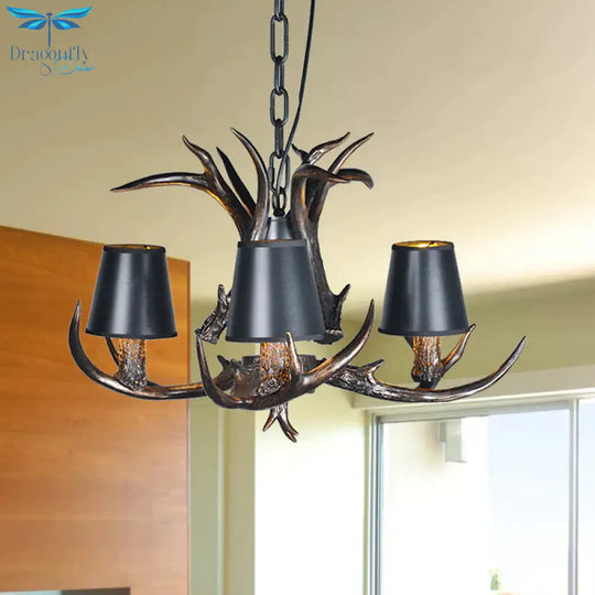 Black 3/6/8 Lights Chandelier Lighting Rustic Resin Conical Pendant Lamp With Faux Antler For