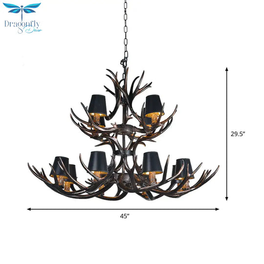 Black 3/6/8 Lights Chandelier Lighting Rustic Resin Conical Pendant Lamp With Faux Antler For