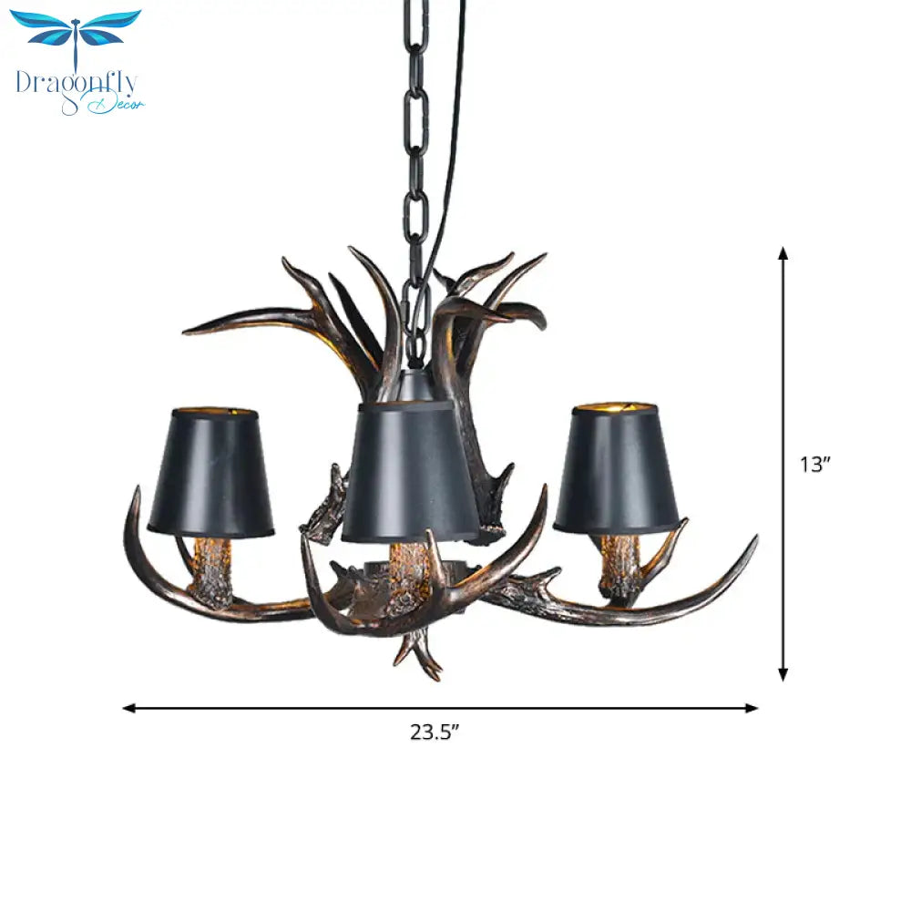 Black 3/6/8 Lights Chandelier Lighting Rustic Resin Conical Pendant Lamp With Faux Antler For