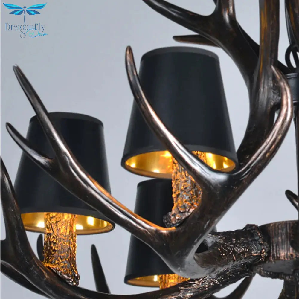 Black 3/6/8 Lights Chandelier Lighting Rustic Resin Conical Pendant Lamp With Faux Antler For